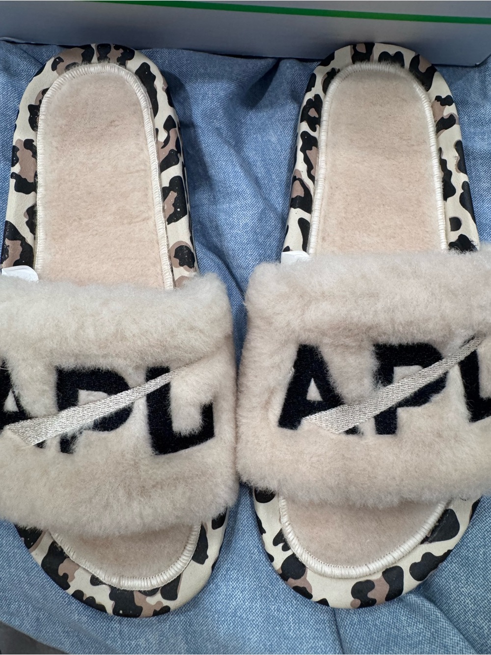 APL Beige Shearling Slide Sandals with Black Logo & Leopard Trim - Picture 2 of 4